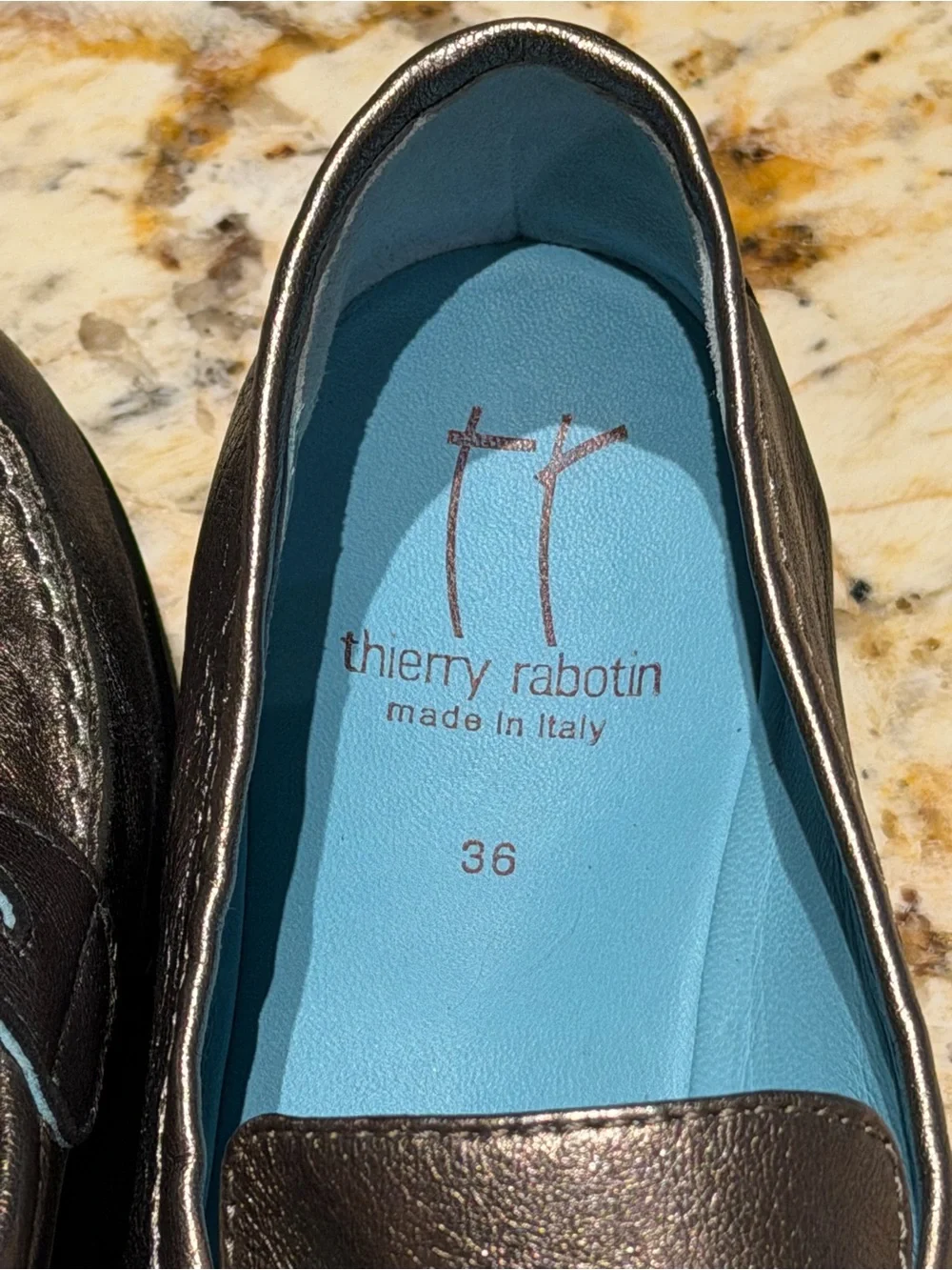 Thierry Rabotin Pewter Metallic Leather Penny Loafers 36 US 6 Made In Italy
